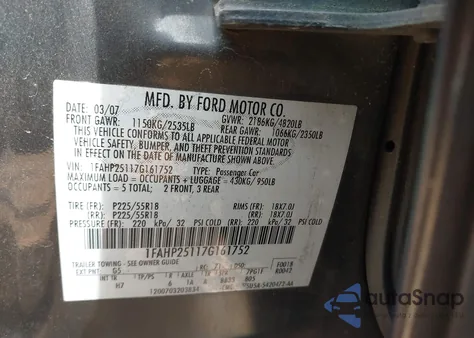 2007 Ford Five Hundred Limited from USA, damaged, VIN 1FAHP25117G161752